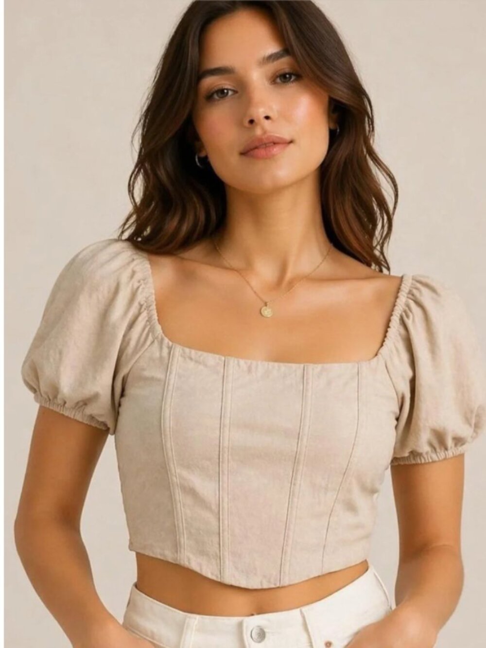 Beige Off-Shoulder Puff Sleeve Crop Top